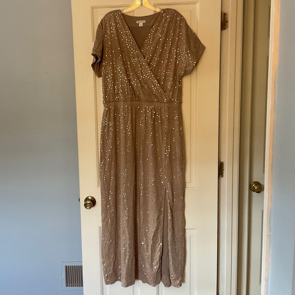 Garnet Hill Sequined Jersey Maxi Dress Champagne Gold XL Party Wedding Cocktail